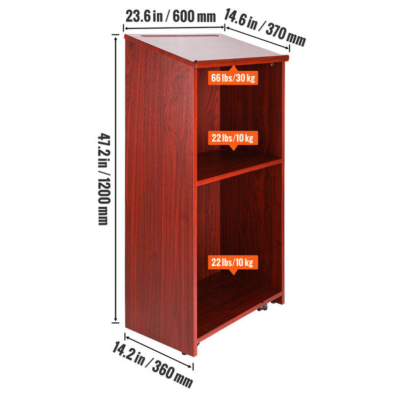 Brown 47" Wood Podium Stand with Adjustable Shelves and Casters