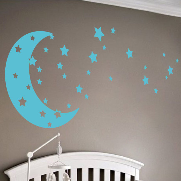 Adhésif décoratif lune et étoiles, Bleu geyser, H 30 po x l 65 po x P 0,01 po