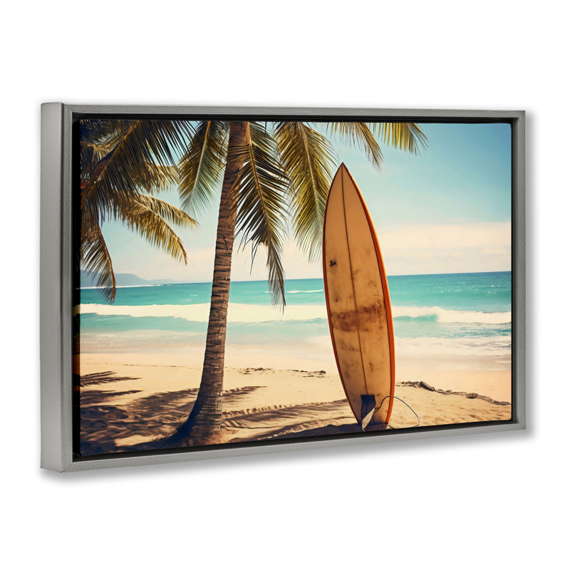 Planche de surf debout près du rivage, cadre flottant, design par LSR Design Studio, Cadre flottant gris lustré