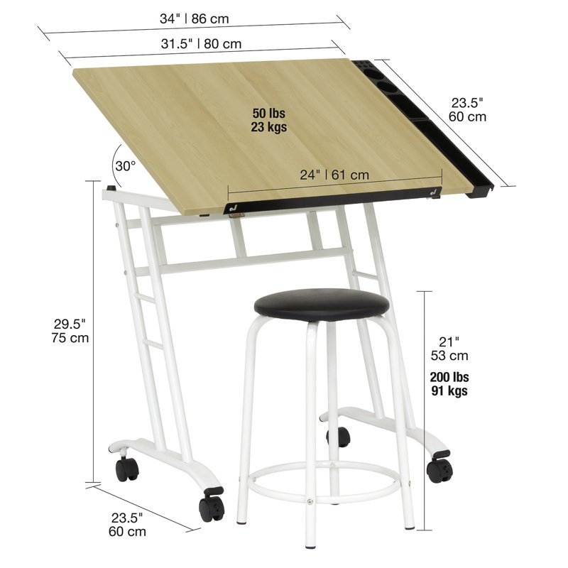 Adjustable Maple and White Drawing Table with Stool