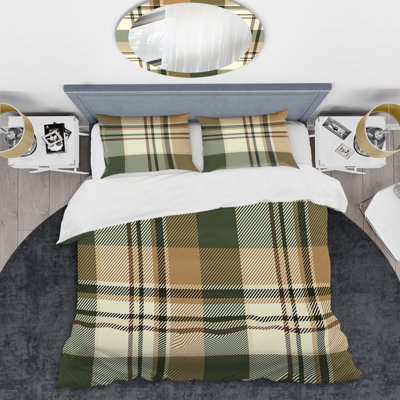 2 Piece Duvet Cover Set - Green Checked Tartan Green Cream Microfiber
