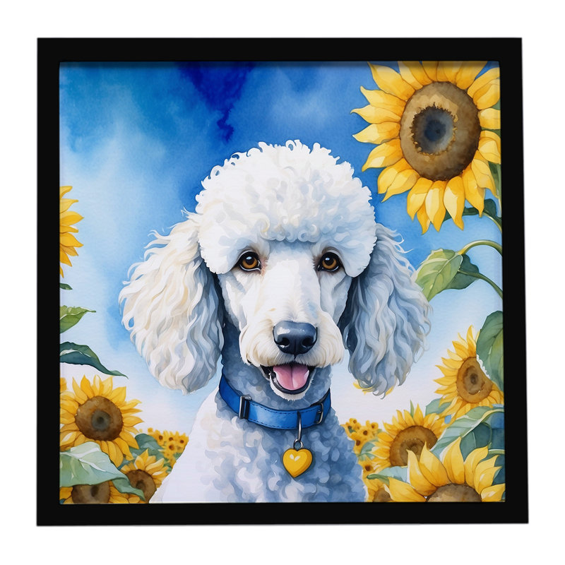 White Poodle in Sunflowers Framed Metal Print