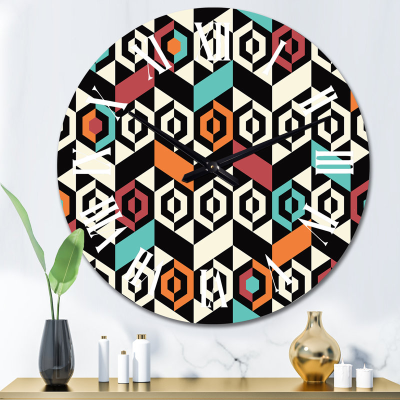 Horloge murale à motif géométrique bleu, rouge et orange I, Grand