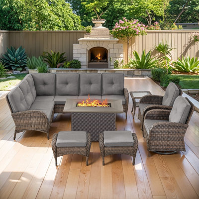 Gaetanino 8 - Person Outdoor Patio PE Wicker Sectional Seating Group With Cushions & 50,000 BTU Fire Pit