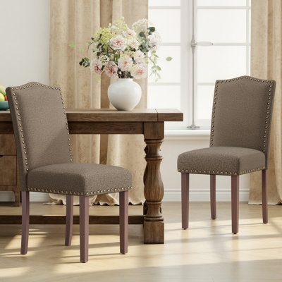 Modern Soft Linen Fabric 6'' Thickened Upholstered Dining Chair with Solid Wood Legs, Nailhead Trim, Ergonomic High Back
