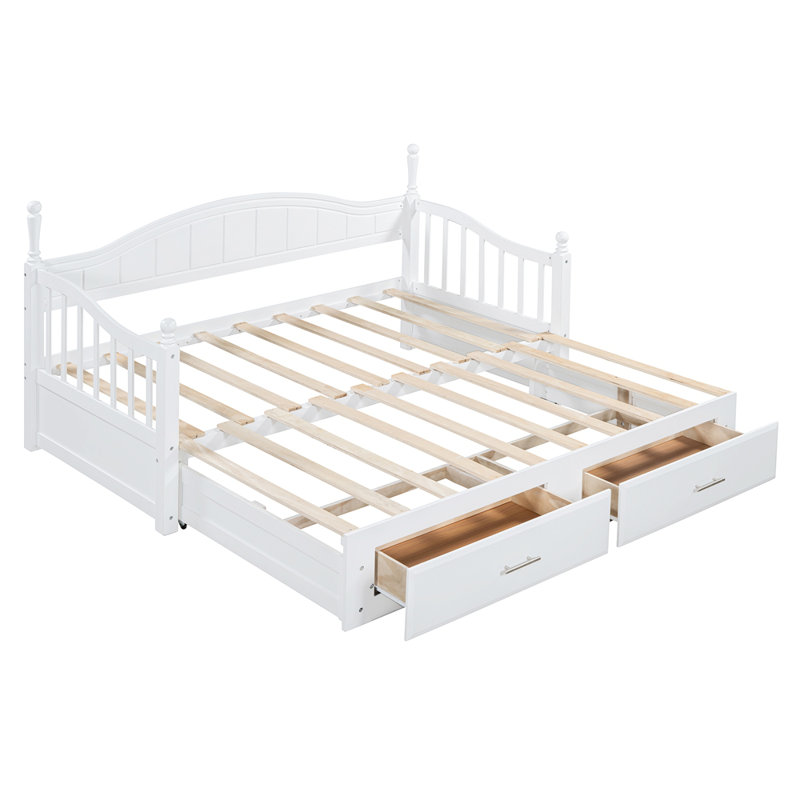 Wooden Twin Size Daybed with Twin Size Trundle, Extendable Daybed with Two Storage Drawers, White