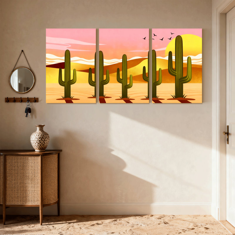 «Cactus Desert Cactus Sunset», ensemble de 3 reproductions d'art sur toile, H 24 po x l 48 po