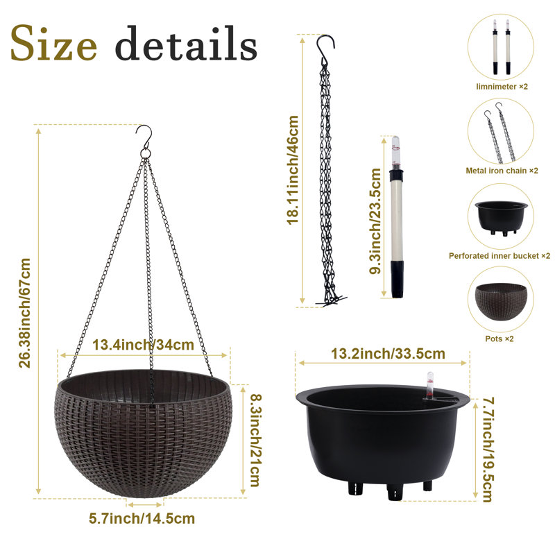 8" H x 13" W Self-Watering Rattan Hanging Planter Root-Rot Resistant Pot Planter Set for Indoor & Balcony Decoration, 4