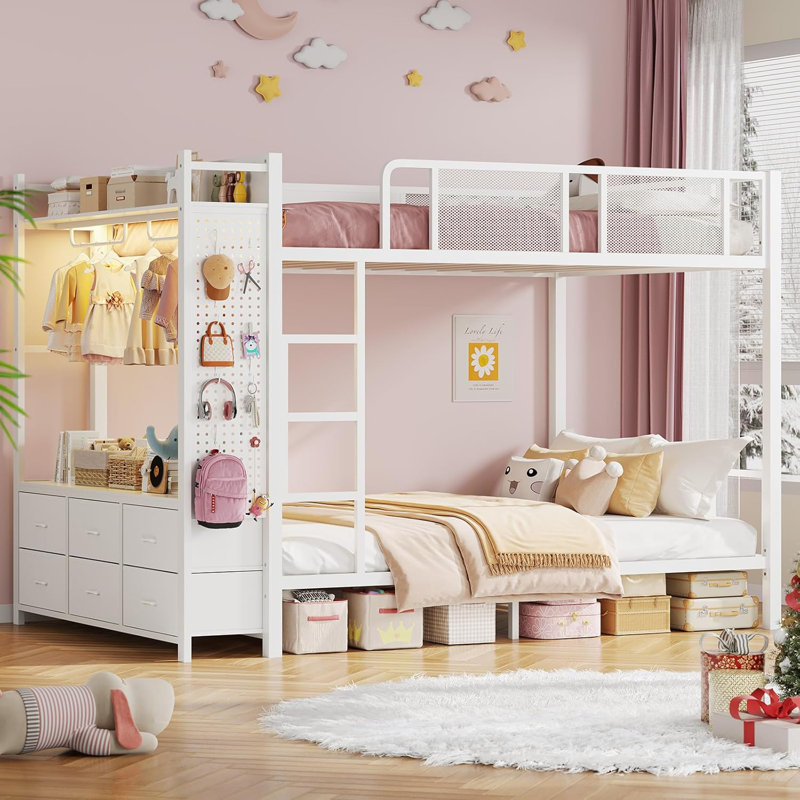 Metal Bunk Bed Full Over Full With Hall Tree, Power Outlet, Led Bunk Bed, White, Full Over Full
