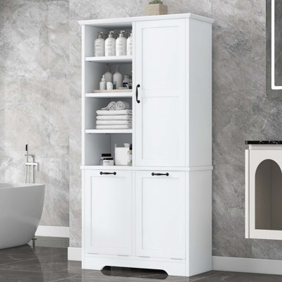 Fleurine 68'' H Bathroom Cabinet with Tilt-Out Laundry Hamper,Modern Linen Cabinet with Adjustable Shelf,Freestanding Style