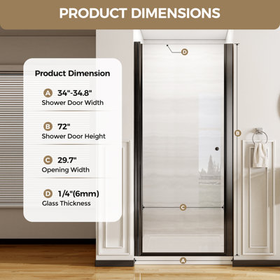 34'' X 72'' Frameless Black Pivot Hinged Shower Door – 6mm Tempered Glass Single Swing Shower Enclosure