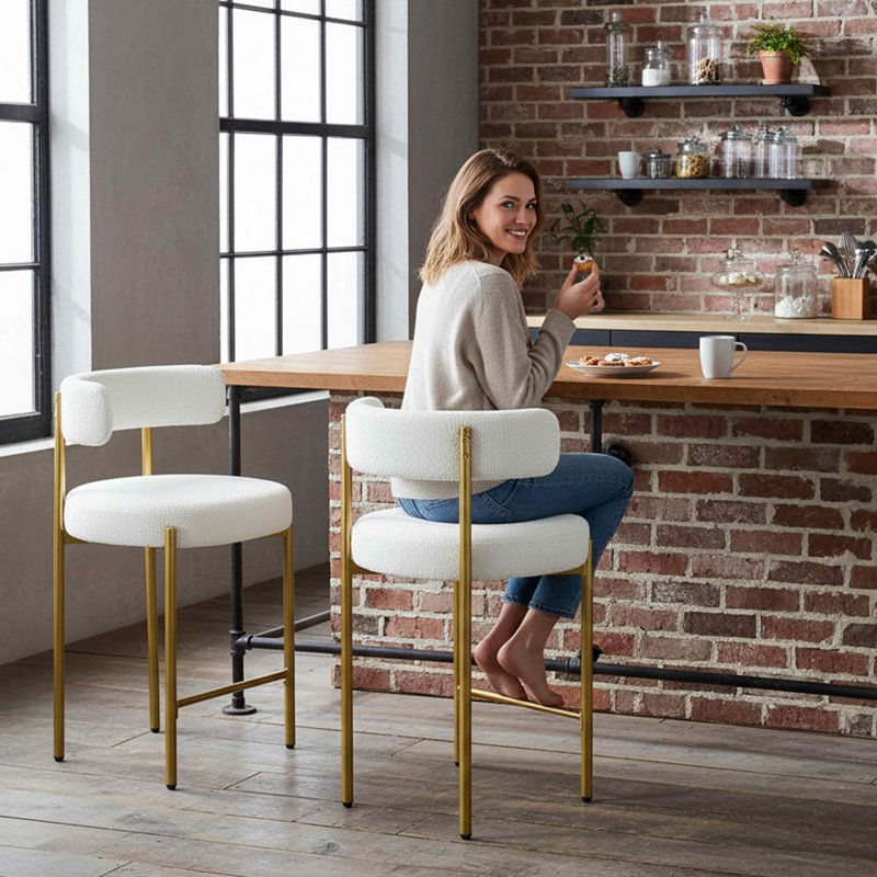 Tabouret de comptoir à dossier bas 24 po Najira, 2, Doré, Cream White Polyester