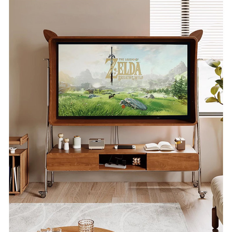 Meuble télé rétro sur roulettes avec cadre pour oreilles de chat et rangement de tiroir, 61.8" H x 65.4" W x 14.2" D