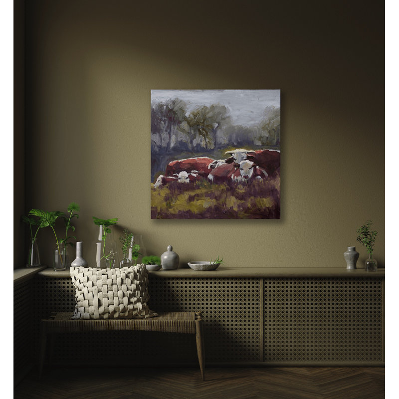 FIVE COWS FIVE COWS - Unframed Print on Canvas, Brown Framed Canvas, 36" H x 36" W x 1.75" D