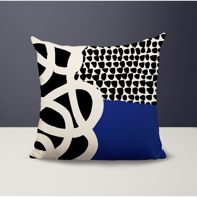 Oreiller carré réversible intérieur / extérieur Deo, H 19 po x l 19 po, Bleu marine / noir / blanc cassé abstrait