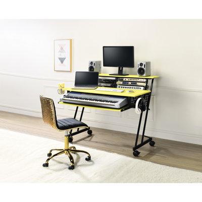 Yellow & Black Music Office Desk For Professional Use, 47"l X 18"d Top, 40"l 16"d 6"h Keyboard Stand, 43" Tv Accommodating, Metal Recording Writing Black, Placement, Compatible, Structure