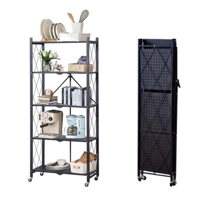 5-Tier Folding Storage Shelves With Wheels, Heavy Duty Folding Shelves- for Storage Books, Kitchenware and Plant Products, Metal Storage Rack- for Study, Kitchen, Pantry, Balcony