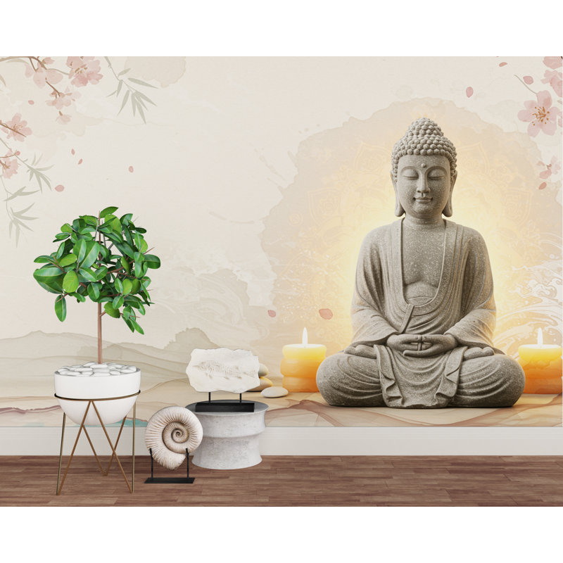 Murale zen Bouddha spa - Papier peint méditation minimaliste avec des vagues de cerisiers en fleurs - Aquarelle neutre et bien-être 700RS (Peel-N-Stick) RS700
