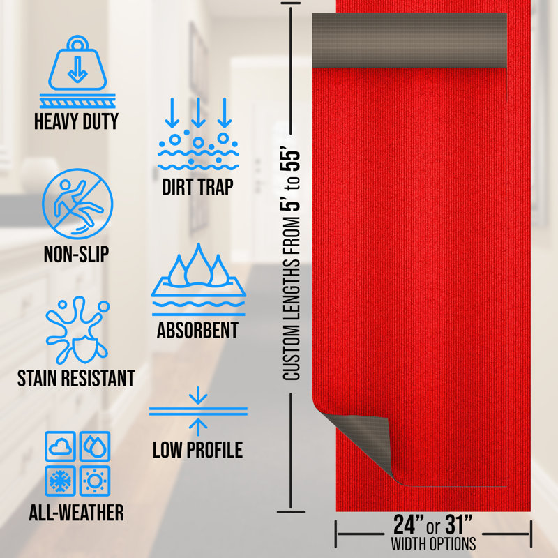 Non-Slip, Dirt-Trapping, Heavy-Duty Utility Runner Rug - (Extra-Long Custom Sizes Up to 55ft) - Absorbent for All-Weather, High-Traffic Entryways, Hallways, Patios & Offices - Red