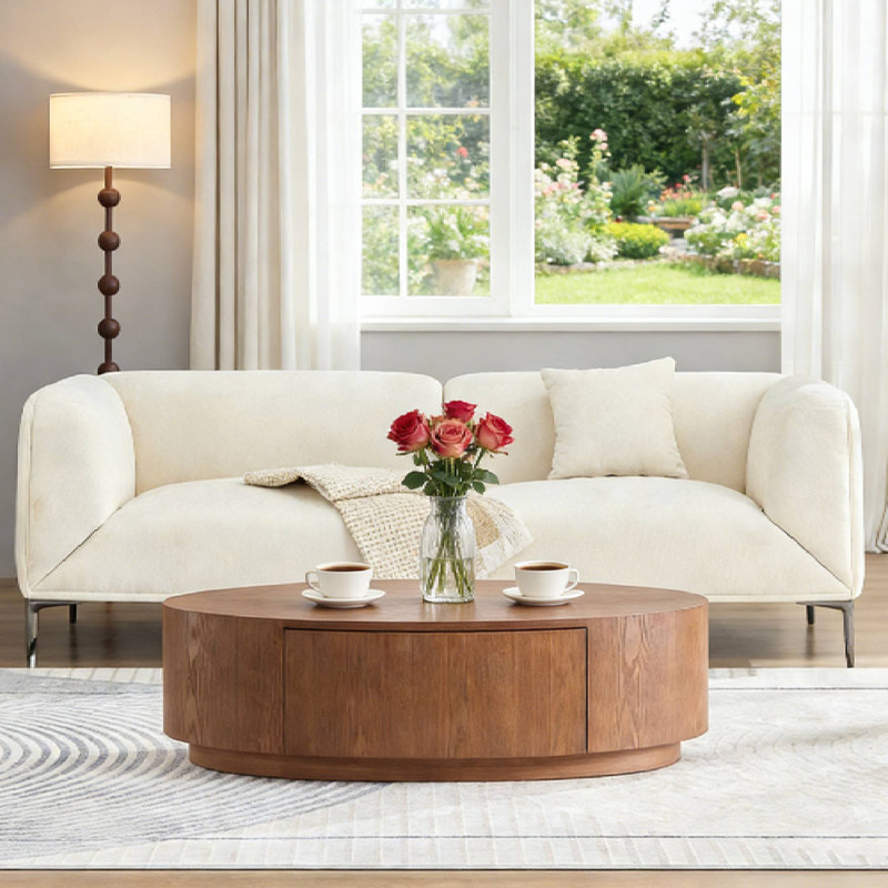47.24" Dark Walnut Oval Coffee Table, MDF Center Table With Drawer For Living Room Apartment Condo, Dark Walnut