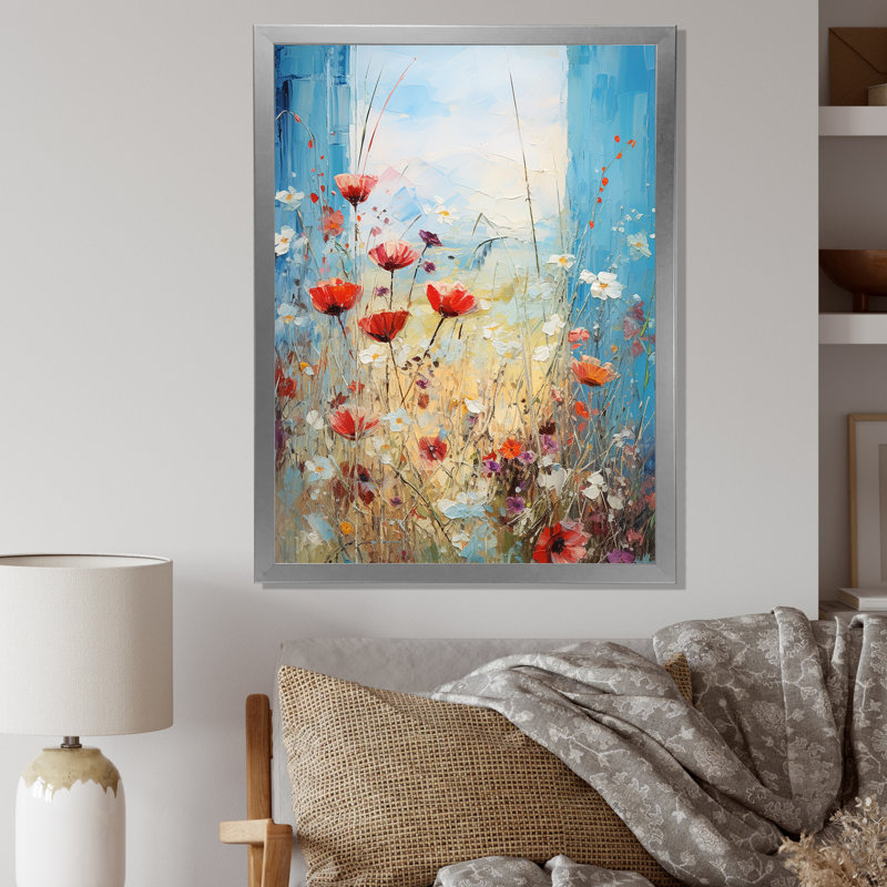 Rouge et blanc «Meadow View II», art mural prairie, Silver Picture Framed, 32" H x 24" W