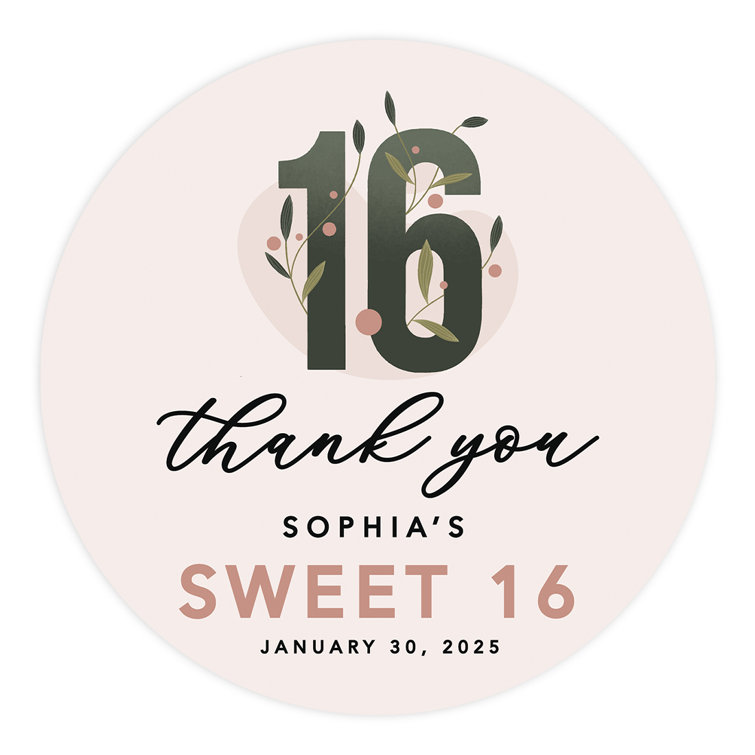 Custom Round Sweet 16 Thank You Favor Stickers, Set of 40, Abstract Floral | Andaz Press
