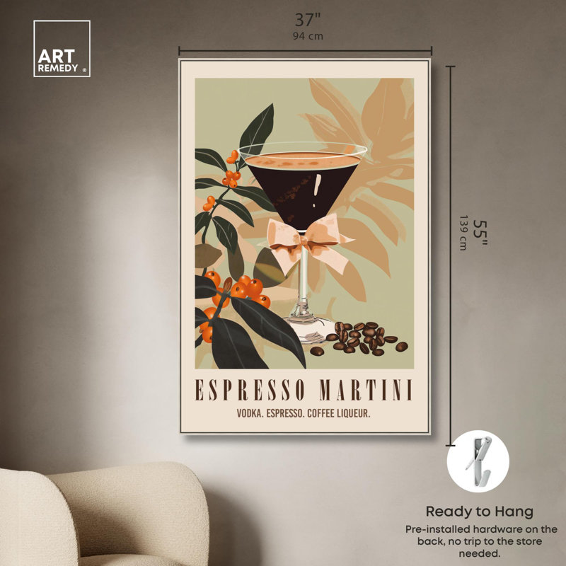 «Classy Espresso Martini Post», reproduction sur toile tendance par Art Remedy, H 55 po x l 37 po, Cadre flottant argent