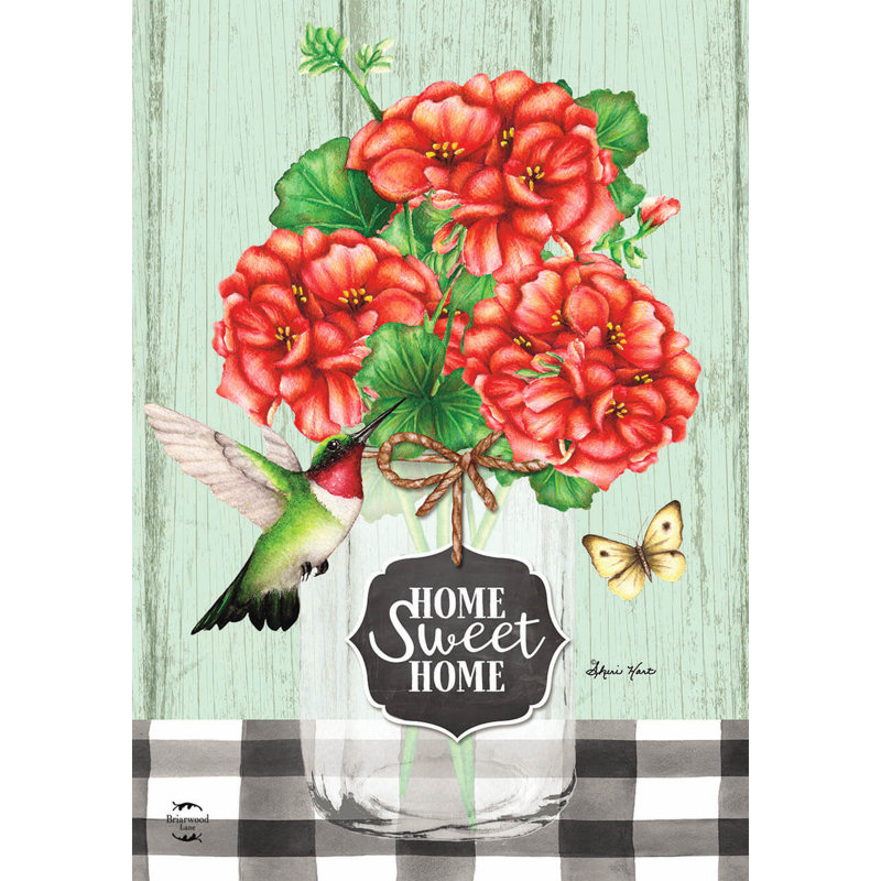 Drapeau maison d'été Home Sweet Home Geraniums, Printemps rouge/vert