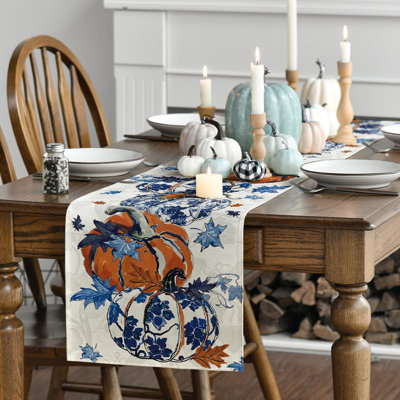 Pumpkins Maple Leaf Blue And White Porcelain 210 GSM Fall Table Runner, Seasonal Kitchen Dining Table Decoration For Home Party Decor 13X72 Inch