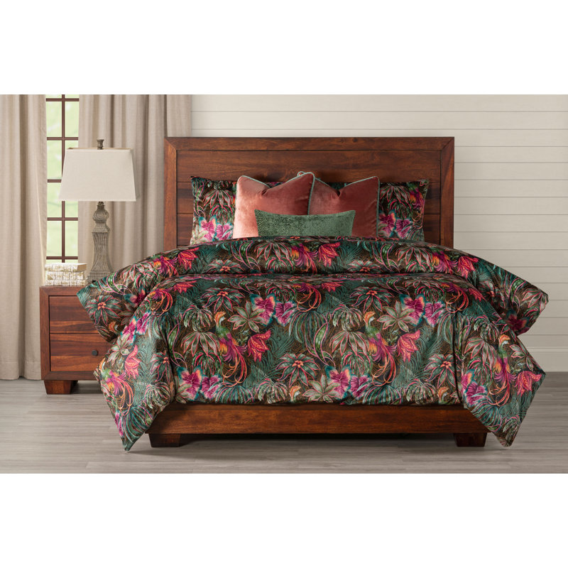 Tropical Floral Print Velvet Duvet Cover Set, California King Duvet Cover + 2 King Shams