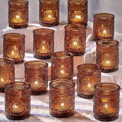 Set Of 36 Amber Glass Votive Candle Holders