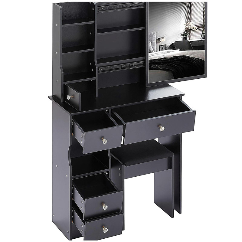 Petit meuble-lavabo de 29,2 po avec tiroir à gauche et tabouret rembourré, très grand miroir coulissant à droite, rangement multi-couches à grande capacité, commode pratique et pratique, convient aux petits espaces