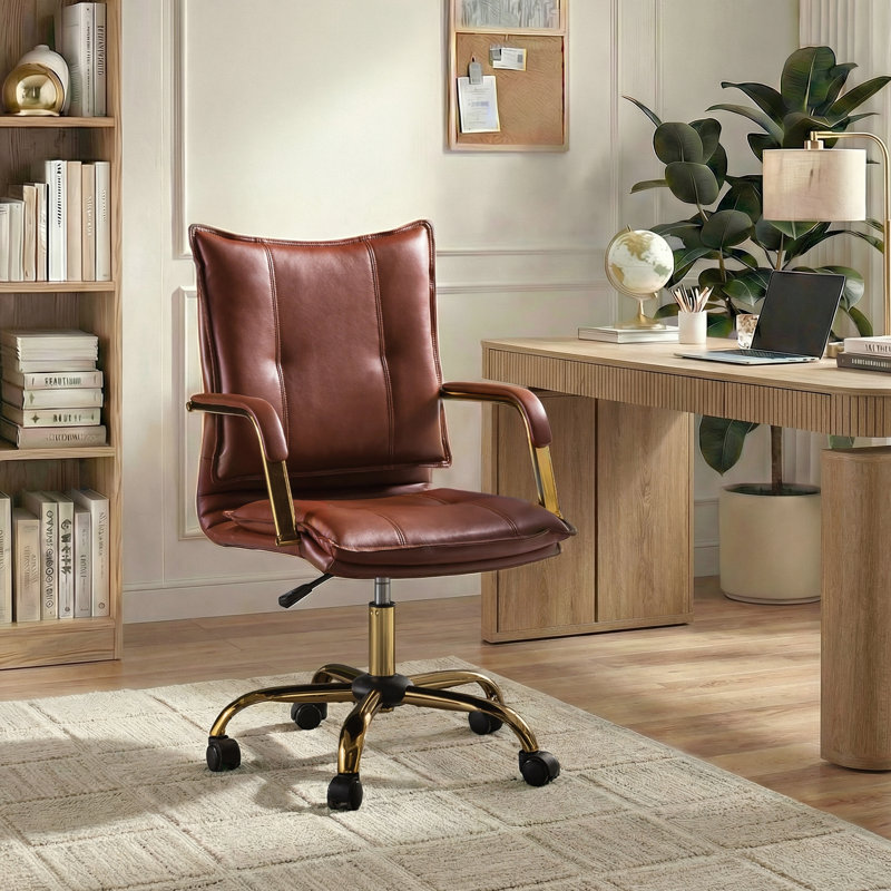 Lundgren Faux Leather Task Chair with Padded Arms, Brown Pebbled Faux Leather