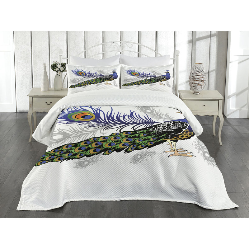 Ambesonne Spring Bedspread Set Wild Peacock Feather Multicolor, King Coverlet / Bedspread + 2 Standard Shams