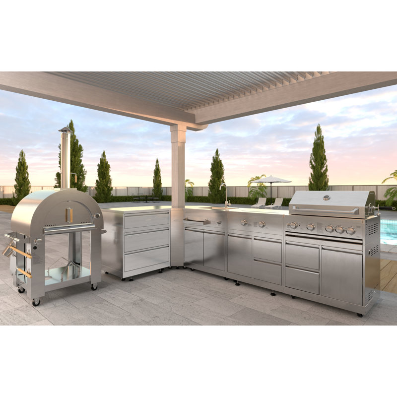 KoolMore Outdoor Kitchen Series Modular Kitchen with a Dual Fuel Pizza Oven, 3 Drawer Cabinet, Corner Cabinet, Sink, Side Burner, 30 in. BBQ Grill and Cabinet in Stainless-Steel (KM-OKSKIT-CONFIG111)
