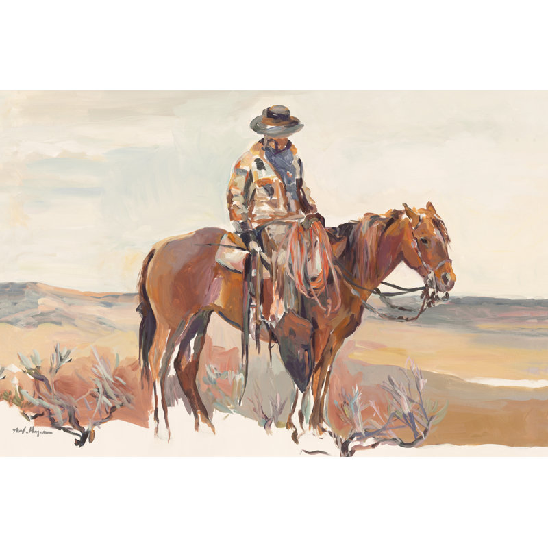 "Western Rider Warm" par Marilyn Hageman, reproduction d'art mixte, H 32 po x l 48 po, Non, Cadre flottant noyer