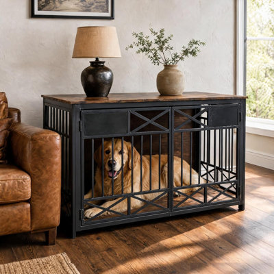 47" Dog Crate Furniture with Name Tag – Heavy Duty Double-Door Kennel, TV Stand Side Table for Large Dogs