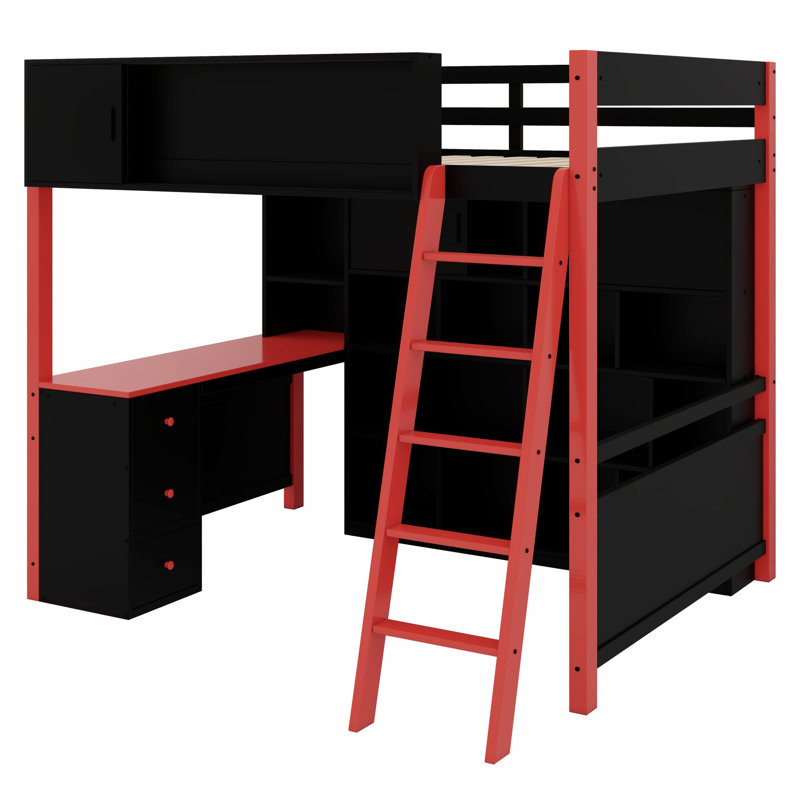 Wood Loft Bed With Desk, Ample Storage Space And Light, Red