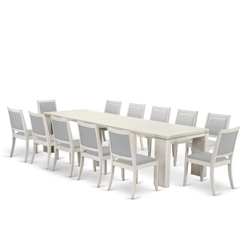 Ensemble de salle à manger extensible 13 pièces comprenant une table rectangulaire Xtenczar et 12 chaises empilables en similicuir gris clair, blanc antique