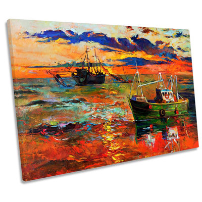 Fishing Boats Sunset - Wrapped Canvas Painting