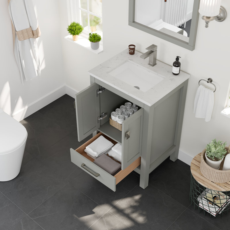 Eviva London 24"W x 18"D Bathroom Vanity with Undermount Porcelain Sink, Gray, Quartz - White Carrara