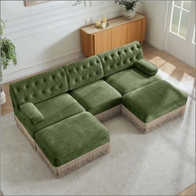 Tissu en velours confortable en forme de U respirant, canapé de style Chesterfield, jupe à franges à franges sur le plancher, conception combinée modulaire, conception ergonomique, conception capitonnée à boutons, pour la chambre à coucher du salon