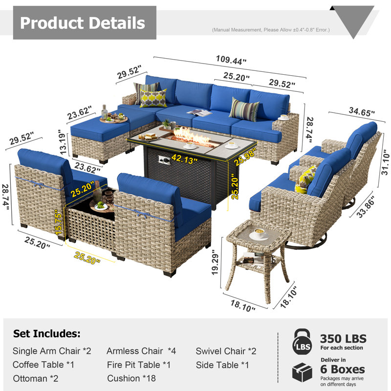 14- Person Rattan Outdoor Seating Group With Swivel Rockers and Fire Pit Table, Navy