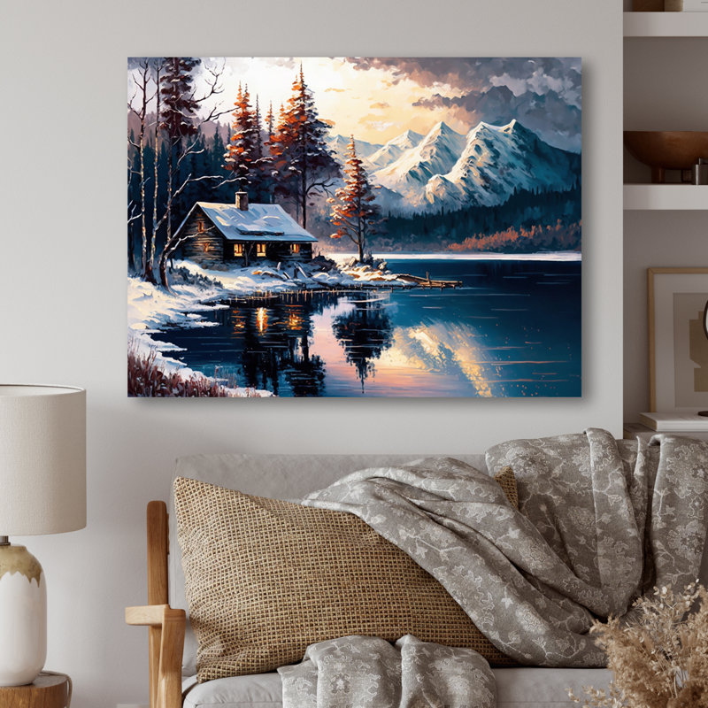 Maison sur le lac en hiver - reproduction sur toile, H 16 po x l 32 po x P 1 po, Toile tendue