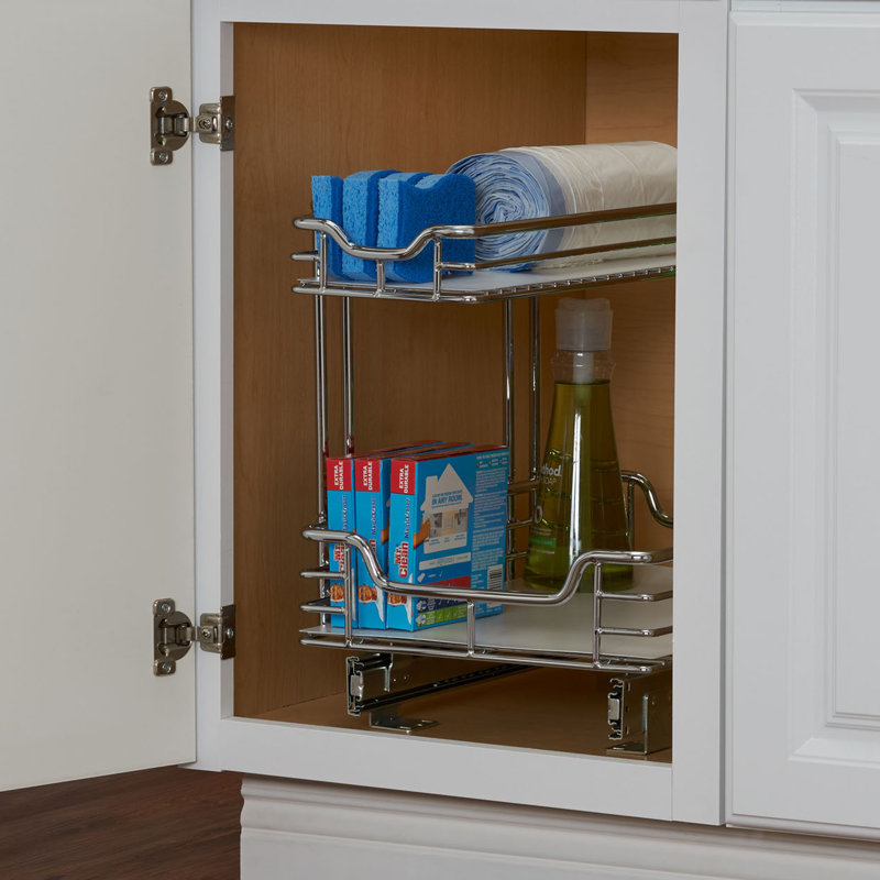 Glidez 2‑Tier Pull‑Out Storage Organizer for Under Sink or Cabinet Use with Removable PEVA Liners, Chrome - Lined