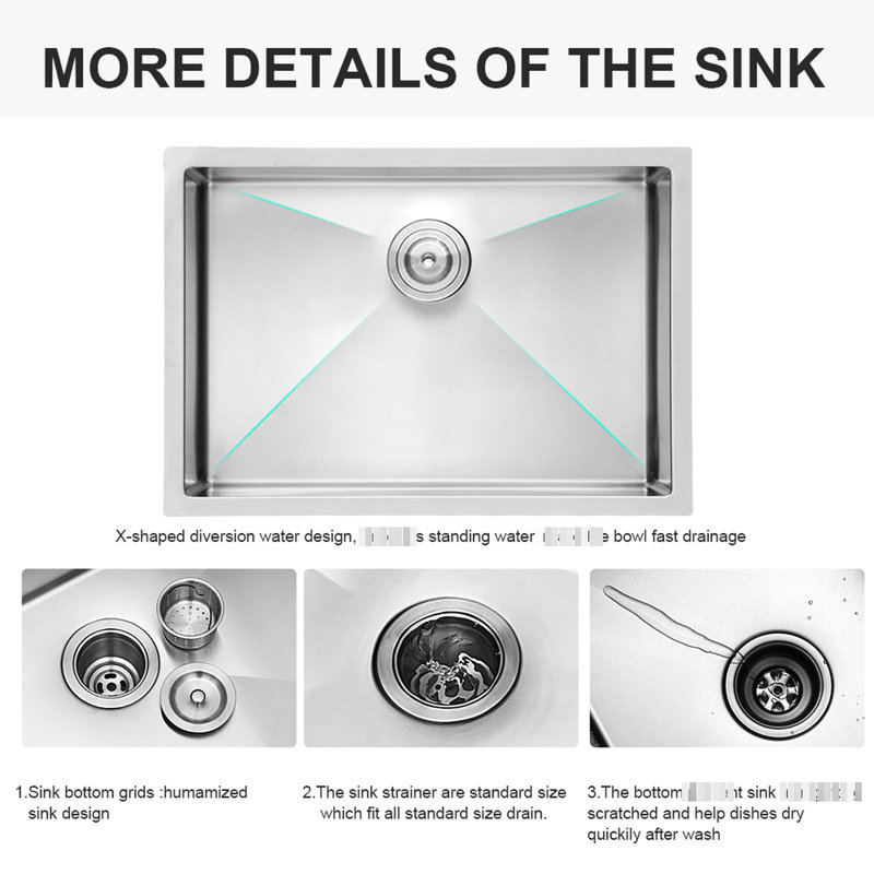 26"X10"X18" Undermount Stainless Steel Sink - 10 Inch Deep Single Bowl Kitchen Basin, 304 Steel, Smooth Operation, R10 Rounded Corners, X-Shaped Water Guide, Soundproof Pad, Condensation Coating,