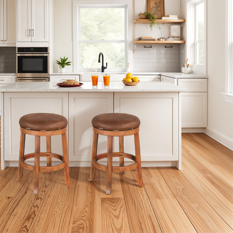 Marv Swivel Counter Stool Set of 2 | Faux Leather Seat | Rustic Oak Brown Mahogany Wood, Counter Stool (24" Seat Height)