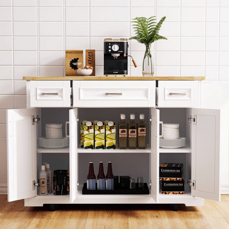 54" Kitchen Island with Rubber Wood Drop Leaf, Embossed Texture Panel, 4 Doors, 3 Drawers, Spice & Towel Racks, Lockable Wheels