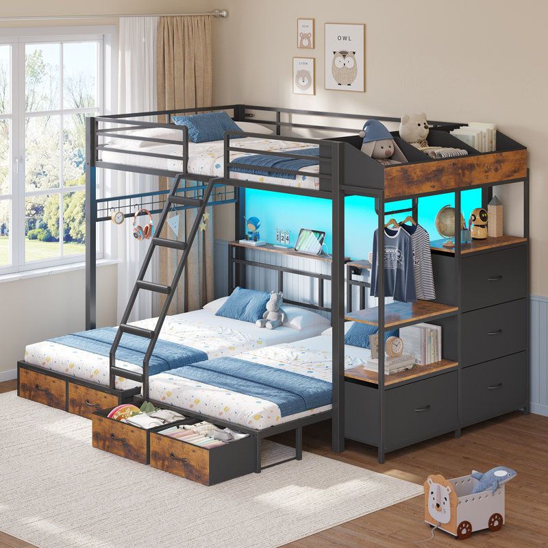 Full Over Twin Triple Bunk Bed with LED Lights, Metal Frame Bunk Bed with 8 Storage Drawers, Open Shelves, Safety Rails & Ladder, Space-Saving Bunk Bed for Bedroom