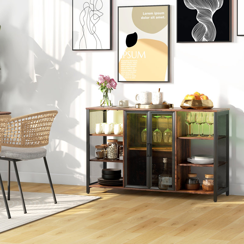Armoire à vin rustique à DEL brun avec station de charge et porte-verres